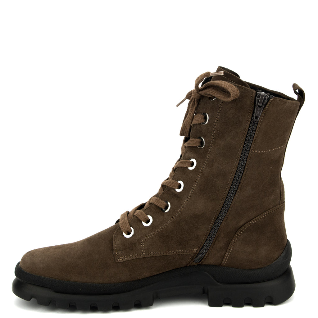 Dunkelbrauner Boot von Semler, schöne profilierte Sohle, Schaft über dem Knöchel, Reissverschluss und Schnürung
